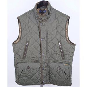 sz L POLO Ralph Lauren padded vest jacket quilted cord trim green